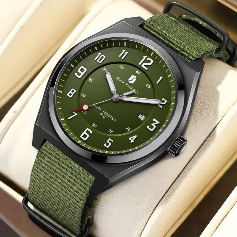 Luxury Watch With Green Dial - SAPPHERO Herren-Sport-Quarzuhr, Militärstil, grünes Zifferblatt, Datumsanzeige,